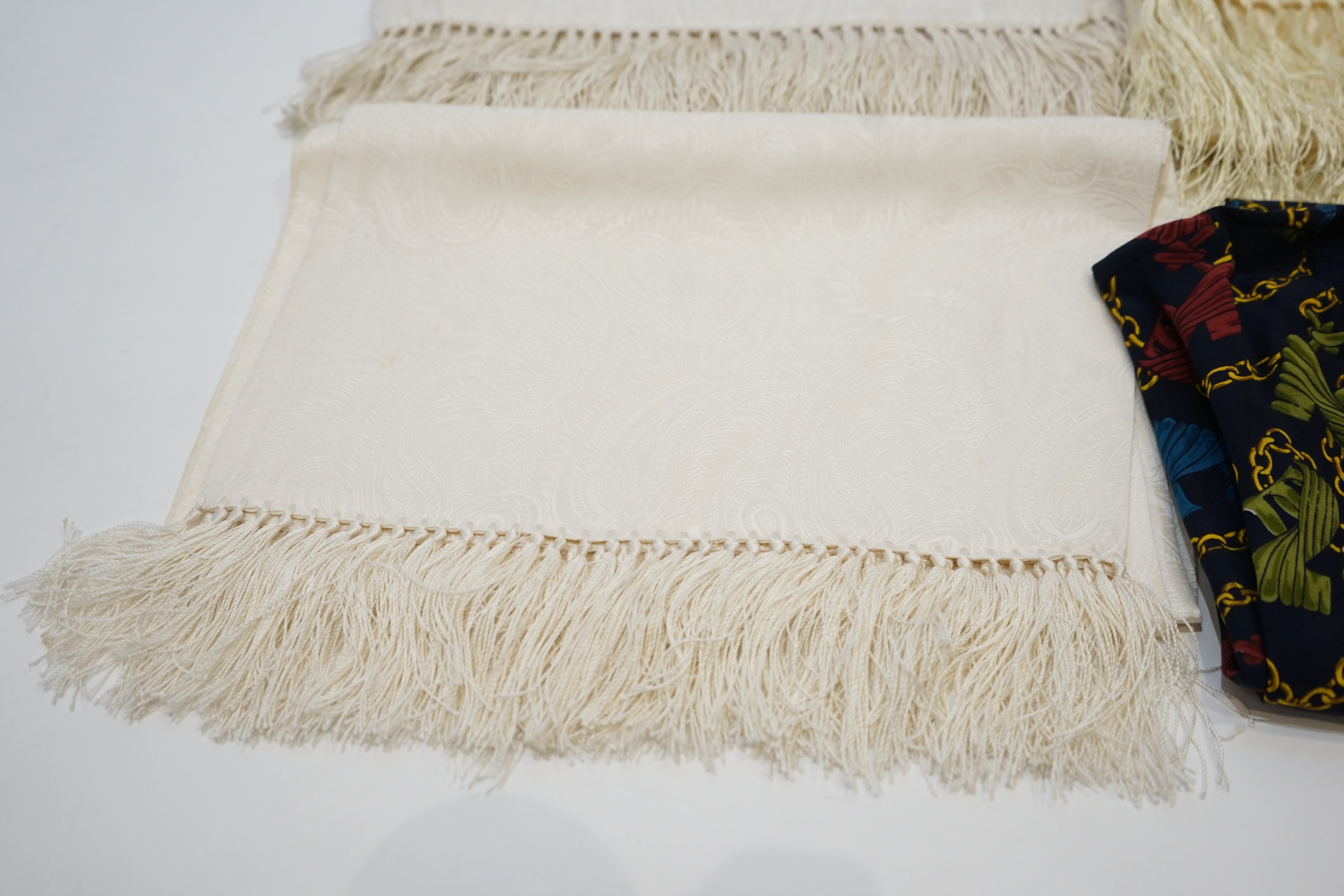 A Salvatore Ferragamo silk t shirt, size L and three silk fringed scarves